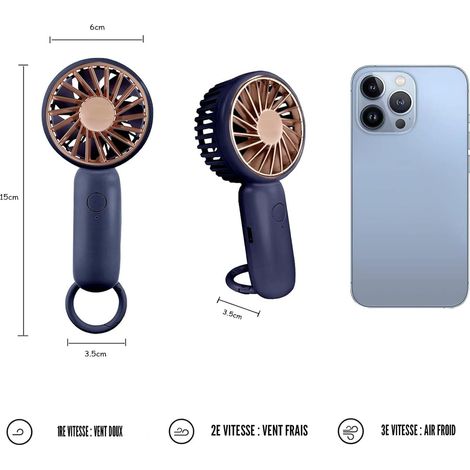 Ventilador de Mano Portátil Silencioso 500 mAh Motor sin Escobillas 3 Velocidades con Gancho Ligero 80g Ideal para Oficina y Viajes (1/4)