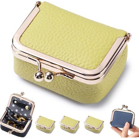 Mini boîte à bijoux de voyage en cuir véritable, étui compact avec fermeture à pression, organisateur portable pour bijoux et petite monnaie, cadeau pour femme et fille, jaune (1/5)