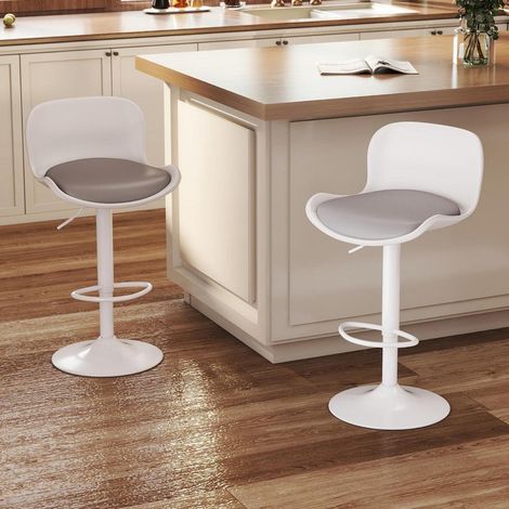 Barhocker 2er Set, Höhenverstellbar, PU-Leder, mit Rückenlehne und Fußstütze, Weiß/Grau (1/5)