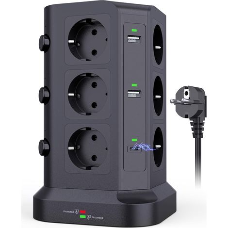 Tour Multiprise 20W USB-C, 12 Prises 12 Prises, Double USB-C 20W PD/QC3.0, 4 USB-A, Câble 2M, Parafoudre, Bureau, Maison (1/5)