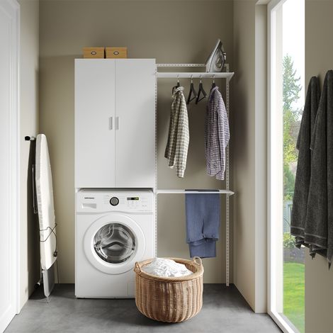 Meuble de machine à laver Martha, Blanc, 64 x 190 cm avec 2 portes longues, Vicco