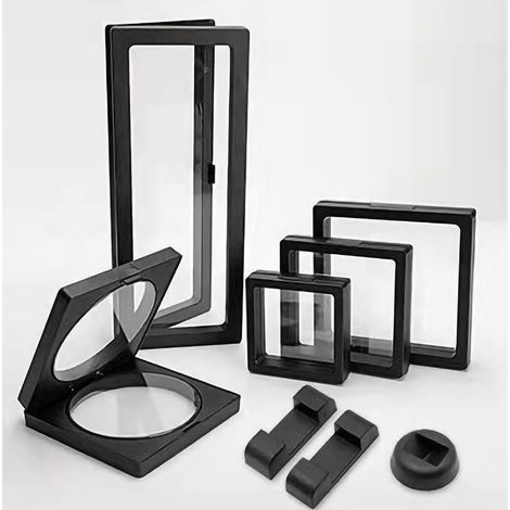 Boîtier de présentation pour bijoux en film PE transparent avec cadre flottant 3D, dimensions 11x11x2 cm, idéal pour l'exposition et le rangement de bijoux.