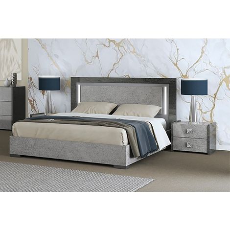 Altobuy – Ensemble lit 140x190cm avec leds – 2 chevets à 2 tiroirs – Structure en panneaux mélaminés – Finition brillante effet graphite (1/4)