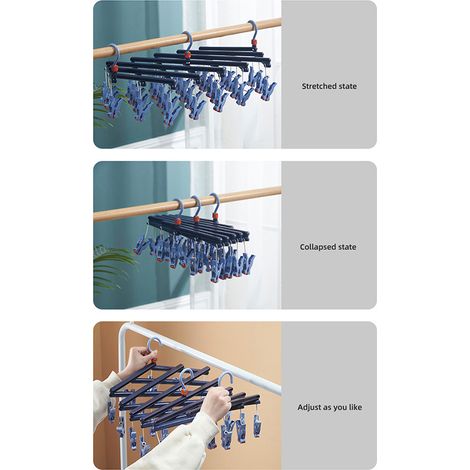 Étendoir à linge pliable en plastique à plusieurs têtes, avec pinces multiples pour chaussettes et sous-vêtements, coupe-vent et multifonctionnel, violet foncé classique, 29 pinces. (1/5)