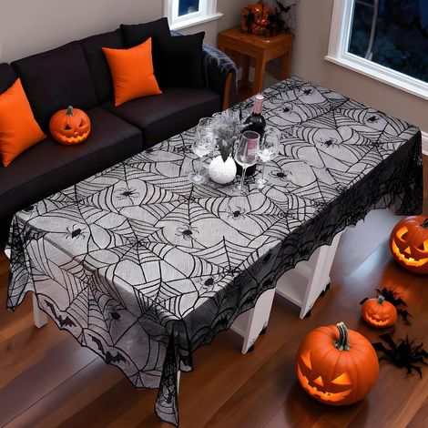 Mantel de encaje negro para Halloween, mantel de telaraña, decoración de mesa para Halloween, mantel gótico rectangular, estampado de araña, para decoración de fiestas de Halloween. (1/5)