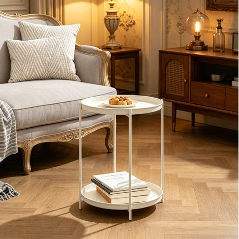 Mesa auxiliar redonda (44x44x53 cm), con 2 bandejas metálicas extraíbles, estructura de metal, blanco crema (1/5)