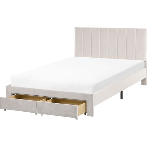 Letto matrimoniale moderno UE 120 x 200 cm con cassetti Testiera Velluto Rivestimento Base a doghe Bianco Sporco Lonzac
