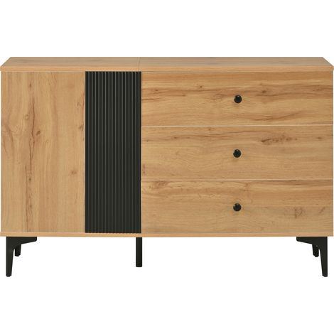 Buffet Meuble de Rangement Salon 1 Porte 3 Tiroirs Bois et Métal Naturel et Noir 120 x 35 x 76 cm (1/5)