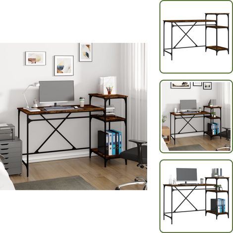 Hierro - vidaXL Escritorio con estantes hierro y madera roble humo 135x50x90 cm - Almacenamiento