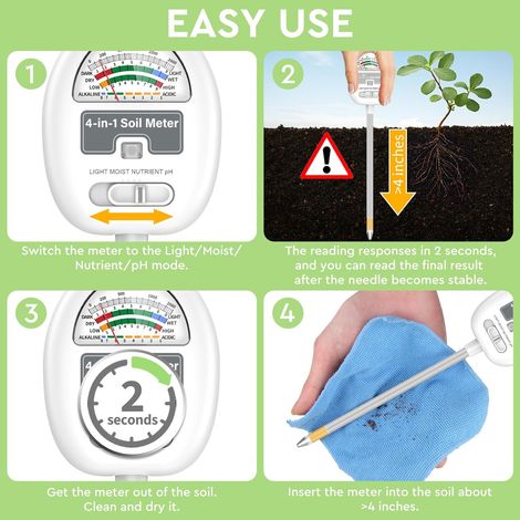 CSPARKV （26×6.3×6.3cm） Soil Moisture Meter, 4 in 1 pH Tester for Gardening, Lawn, Agriculture, Indoor and Outdoor Plants, No Batteries Required