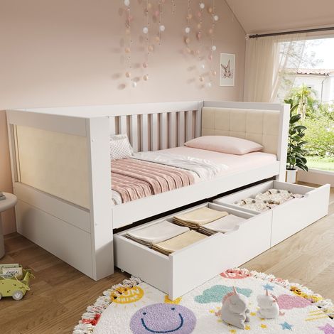 REDOM Cama infantil 90x200 cm con 2 cajones, respaldo de 3 lados, madera, blanco (Sin colchón)