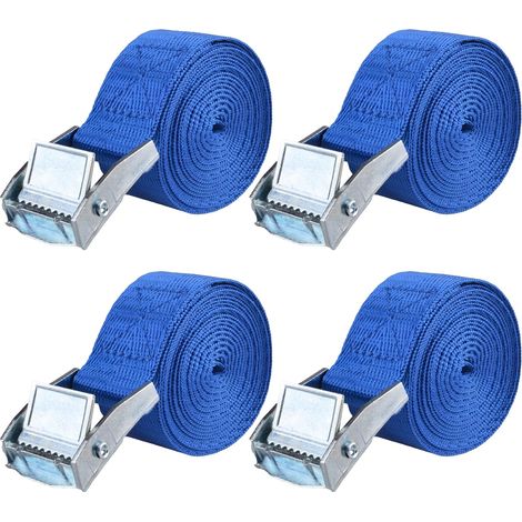 Lot de 4 sangles d'arrimage 0,25 tonne – Polyester haute qualité – Longueur 5 m x 25 mm – Boucles à came à dégagement rapide-Bleu (1/5)