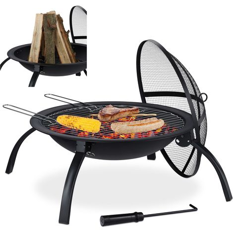 Relaxdays XL Braciere, griglia, attizzatoio, coperchio parascintille, giardino, terrazza, braciere D 56,5 cm, nero