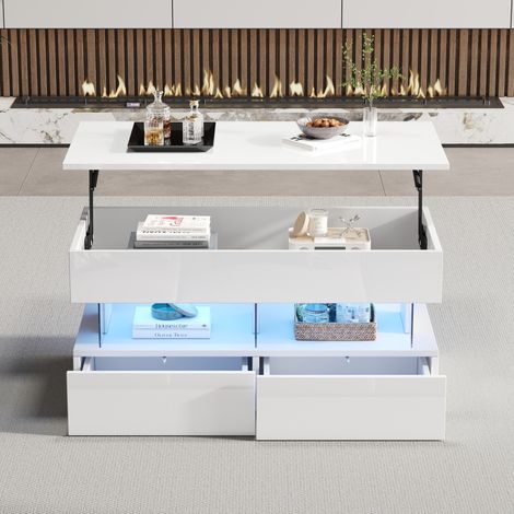table salon relevable rangement 100x50x46 MDF blanc OKMYHOME (1/5)