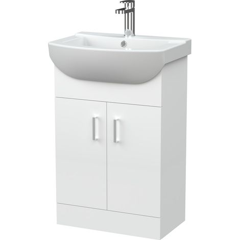 Contemporary 2 Door Floor Standing Vanity Basin Unit, 1 Tap Hole Basin, 550mm, Gloss White (1/3)
