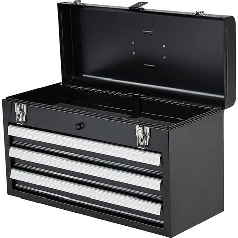 Caja de herramientas portátil de acero, almacenamiento multifuncional, color negro. (1/2)