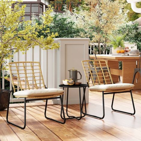 Salon de jardin 3 places résine tressée beige bois fauteuils empilables coussins déhoussables (1/5)