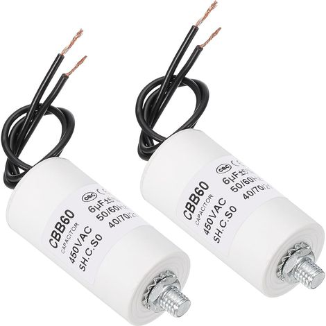 Condensateur 6uF Condensateur de Démarrage, 2 Pcs AC 450V 2 fils 50/60Hz Fond Cylindrique avec M8 x 13mm Vis pour Machine à Laver, Moteur de Pompe à Eau, 60 x 30mm, Blanc (1/5)
