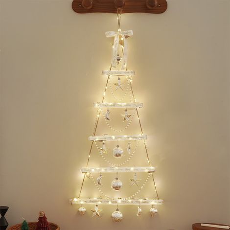 Echelle De Décoration - Bois Naturel - Avec Lumières Led Intégrées - Pour Intérieur Salon Chambre Cheminée Fenêtre - 55 x 12,5 x 12,5 cm - Blanc (1/5)
