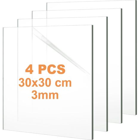 Lot de 4 Plaque Acrylique Transparente, 30x30 cm Feuille de Plastique 3mm avec Film de Protection, Plaquen de Feuille Rigide Transparent pour Signage Affichage Cadre Photo (1/5)