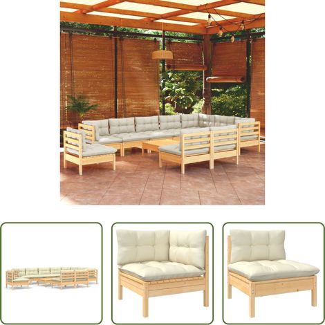 Terrassensofa - 11-tlg. Garten-Lounge-Set mit Creme Kissen Massivholz Kiefer (1/5)