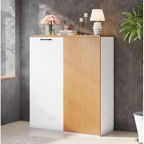 Armoire de rangement 80x40x110 cm en MDF blanc et aspect chêne, portes, pour bureau – MEUBLIV (1/5)