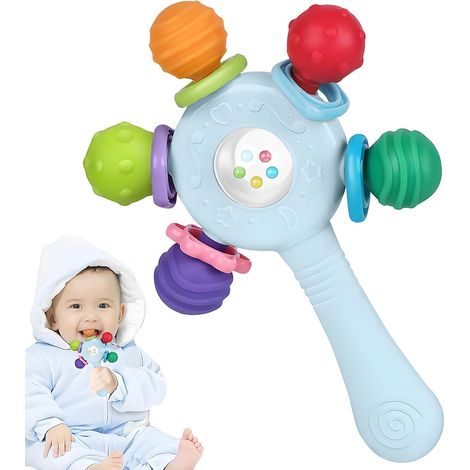 Beißring mit Rassel aus lebensmittelechtem Silikon, BPA-frei – sensorisches Spielzeug mit Verschluckungsschutz, geeignet für Babys von 0 bis 36 Monaten, blau (1/5)