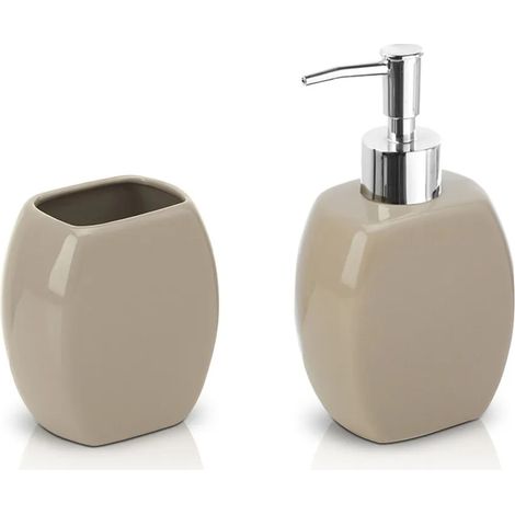 Set accessori bagno da appoggio dispenser e porta spazzolini in ceramica tortora (1/3)