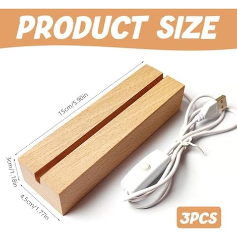 Socle Lumineux, 3 pièces LED Socle en Bois avec USB, Rectangulaire Support LED, Support Barre LED,Base de Présentation de Lumières LED pour 5mm Dépaisseur Plaque Acrylique Bloc de Verre Résine (1/5)