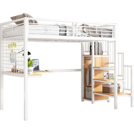 Lit mezzanine 90x200 pour enfant et ado avec bureau, armoire intégrée, escalier latéral et garde-corps en métal et MDF blanc et bois clair  CHICFURN (1/5)
