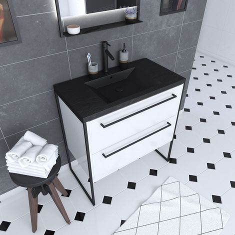 meuble de salle de bain 80x50cm blanc - 2 tiroirs blanc - vasque resine noire effet pierre (1/5)