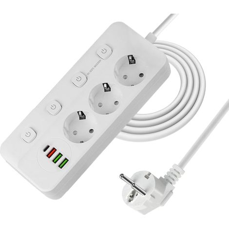 Steckdosenleiste mit Einzelschaltern, 3 USB-C-Anschlüssen (3 USB-A + 1 USB-C), Wandsteckdose für Zuhause, Büro oder Küche, 2M-Blanco (1/5)
