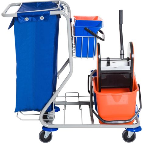 Chariot de ménage HOMCOMPORTE 2 seaux 18 L + 2 seaux 6 L, support à serpillères avec essoreuse, panier de rangement, bleu/orange, 93x80x97 cm