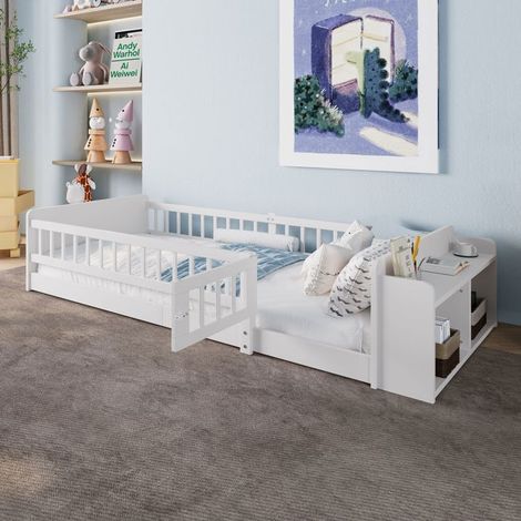 lit enfant 90x200, garde-corps sécurisé lit enfant avec barriere, structure bois massif, rangement intégré, design modulaire (1/5)