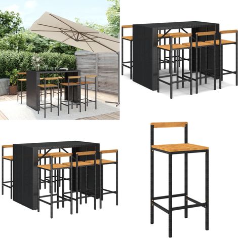 Ensemble de bar jardin 7 pcs noir poly rotin/bois massif acacia - Meubles De Jardin - Salon De Jardin - Set De Bar Extérieur - Mobilier De Jardin Moderne - Table De Bar Extérieure - Home & Living (1/5)