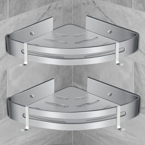 Etagère de Douche Sans Percage Étagère d'Angle Douche Métal avec 4 Crochets Etagere Salle de Bain Rangement Douche Support Douche 2 Pièces Argent
