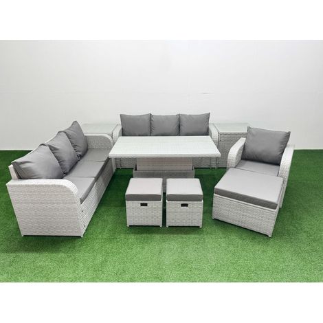 Fimous 10 Seater Poly Rattan Outdoor Garden Furniture Adjustable Lifting Dining or Coffee Table Sofa Set Patio 3 Seater Sofa Reclining Chair 3 Seater Sofa 3 Stools 2 Side Table Light Grey (1/5)