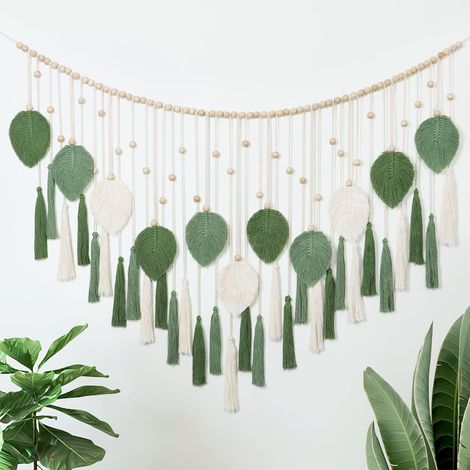 Grande tenture murale tissée à la main avec des pompons en forme de feuilles vert clair (1/5)