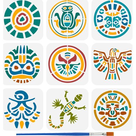 9Pcs Pochoirs de la Culture Maya pour la Peinture Au Pinceau 15x15cm Pochoir Aztèque Réutilisable Pochoir Totem Maya Creusé Pochoir en Plastique Thème Bole pour Décoration Murs Sols (1/5)