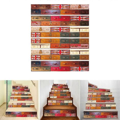Lot de 6 stickers muraux imperméables pour carrelage, escaliers et salle de bain/cuisine, motif drapeau. (1/4)