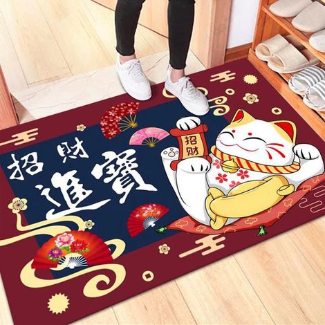 Paillasson Crystal Fibre - Rouge Chat Fortune - 40x60cm / 60x90cm - Absorbant Antidérapant Lavable (1/5)