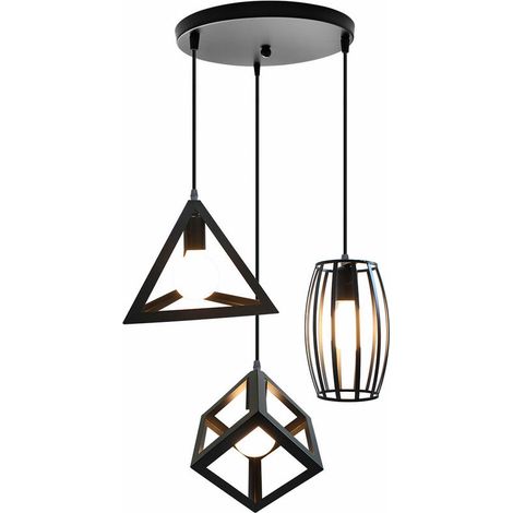 3 Lampes Suspensions Luminaire Design Géométrique Moderne E27 Lustre Suspensions Abat Jour en Métal Plafonnier pour Chambre Salon - Noir BLOW (1/5)