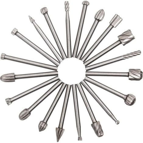 Lot de 20 fraises rotatives diamantées HSS pour le fraisage du bois, queue de 3 mm, compatibles avec Dremel et pour la gravure sur bois (DIY) - Argent (1/4)