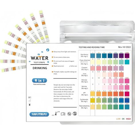 Lot de 100 Bandelettes Test Eau Aquarium 9 en 1, Test Aquarium Eau Douce et Eau Salée, Kit Test Nitrite Nitrate pH GH KH Chlore Cuivre Fer avec Tube et Thermomètre (1/5)
