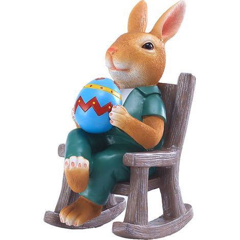 Figurine de lapin de Pâques en résine peinte à la main, avec œuf à bascule et fauteuil à bascule. Taille idéale pour jardin, terrasse ou cour. (1/5)