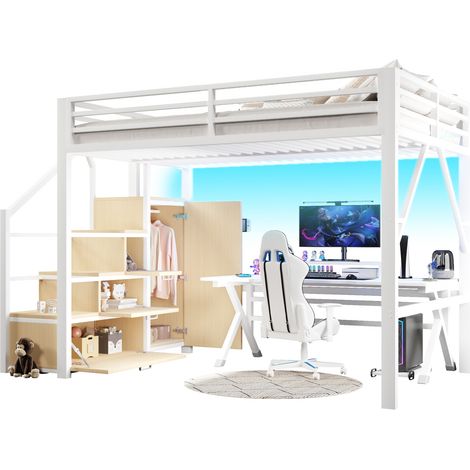 Letto a soppalco 140x200 cm in metallo bianco con armadio, contenitori, scala integrata e luci LED controllabili da app CHICFURN (1/5)