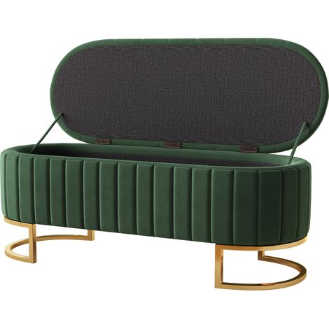 Banc coffre de rangement et repose-pieds 120x40 cm, banquette rembourrée avec espace de stockage, pouf banane en velours vert, meuble d'assise pour salon. (1/5)
