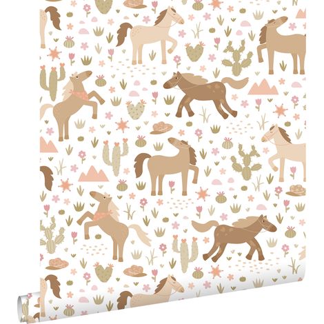 papier peint cheveaux marron, vert et rose - ESTAhome