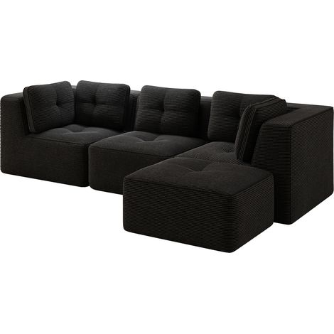 Sofá esquinero modular en L de pana negra con chaise longue, 3 plazas, sin montaje (1/5)