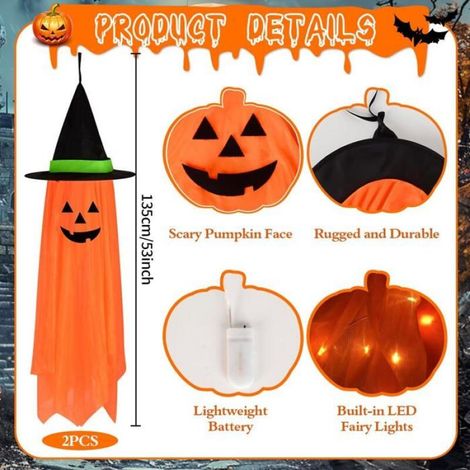 Decorazione di Halloween a forma di fantasma da appendere, 2 pezzi, 1 m, zucca, luce LED, arancione, per esterni - ALTRO (1/4)